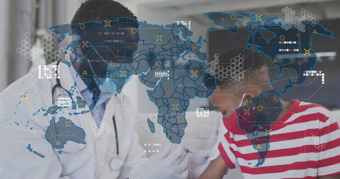 Doctor administering vaccine injection using syringe in clinic, with digital map overlay