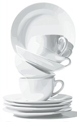 Precariously stacked white porcelain dishes and cups,  creating an unstable, yet visually appealing tower against a white background