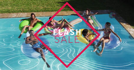 Six friends in swimwear floating in backyard pool, with floats, ball and FLASH SALE graphic