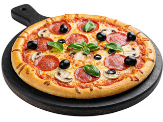 Delicious italian pepperoni and olive pizza with fresh basil on a rustic wooden board isolated on transparent background