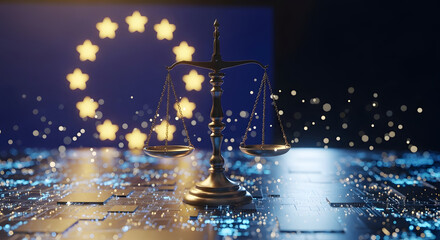 Digital Justice in Europe: Scales of Law on a Circuit Board with EU Stars