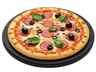 Delicious whole pepperoni and olive pizza with fresh basil leaves on a dark round board isolated on transparent background