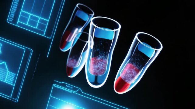 Futuristic Medical Research: Test Tubes with Blood Samples and Holographic Data Interfaces in a High-Tech Laboratory Environment, Representing Biot...