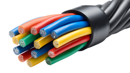 Colorful wires in black cable close up view electrical engineering,