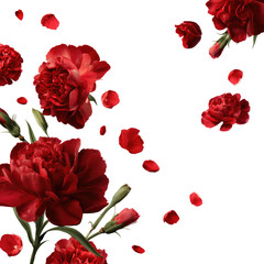 Red carnations and petals on black