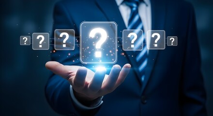 Man in a suit holding out his hand with glowing question mark icons floating above it.