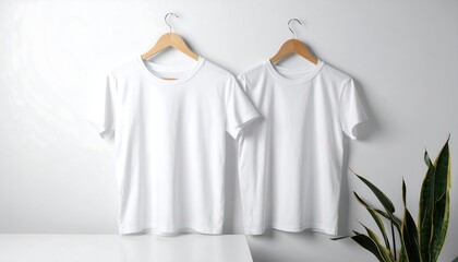 Two Blank White T-Shirts Hanging on Wooden Hangers Against a White Wall
