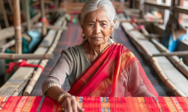 Indian senior woman working cloth on handloom in village settingries.Traditional Indian weaver crafting on handloom.	
 - Powered by Adobe