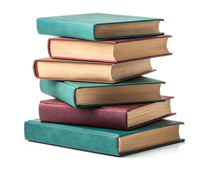 A stack of old hardcover books in various colors piled high on a white surface in a studio setting