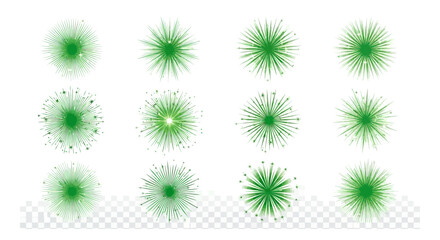 Set of various green abstract burst shapes and light effects showcasing dynamic radial patterns and sparkling particles on a white background.