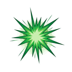 Stylized vibrant green comic book explosion burst or starburst graphic illustration with dynamic spiky rays and a radiant center on a clean white background.