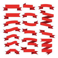 Vector art of a collection of red ribbons and banners for titles and design elements