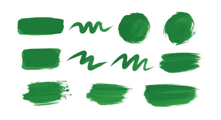 Various artistic green brush strokes, irregular paint swatches, and abstract watercolor shapes on a clean white canvas.