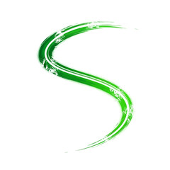 Vibrant green abstract brush stroke forms a dynamic wavy S-shaped curve with textured grunge edges on a clean white background.