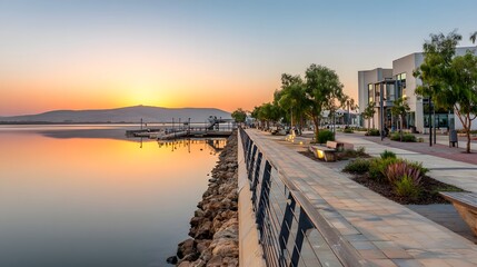 Fototapeta premium Lakeside walkway at dawn with modern architecture.