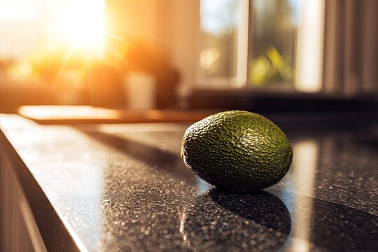 Sunlit avocado rests on a dark speckled countertop in a bright kitchen, reflecting light - Powered by Adobe