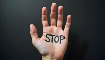 A powerful protest message with the word STOP written on a raised hand against a black background, a symbol of ending abuse and violence.