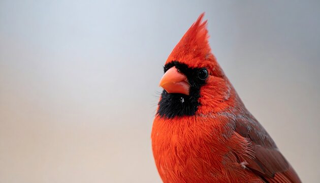 Majestic Red Northern Cardinal Portrait UpClose View Against Soft Blurred Background.