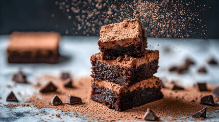 Chocolate brownies stacked decorated with cocoa powder