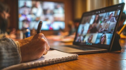 Medium shot of hands taking notes amid a virtual chronic pain support meeting on a tablet with a blurred video call interface in the background highlighting active engagement and