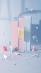 Fototapeta premium Pastel celebration still life with champagne and geometric elements