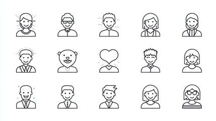 Fototapeta premium Collection of minimalist outline icons representing a diverse group of people suitable for use as avatars profile pictures or symbols in various applications