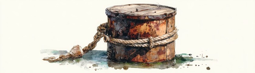 A rustic wooden bollard wrapped with a thick rope, casting a subtle shadow on a light surface.