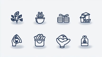 A set of minimalist icons representing various aspects of everyday life including plant growth food resources housing gestures of assistance and liquid containers