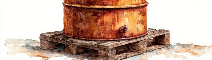 A rustic, weathered metal barrel sits on a wooden pallet with a simple white background, showcasing an industrial yet vintage aesthetic.