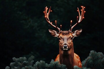 Noble deer male in winter snow forest. Winter wonderland.  Winter scene holiday concept. Merry Christmas and new year.