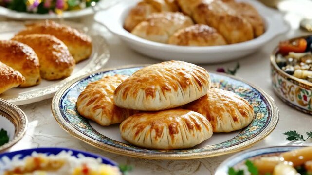 Cheese-filled borek pastries with golden brown crusts, perfect as appetizers or desserts. Turkish culinary delight, typically made of filo dough and seasoned with herbs and spices.