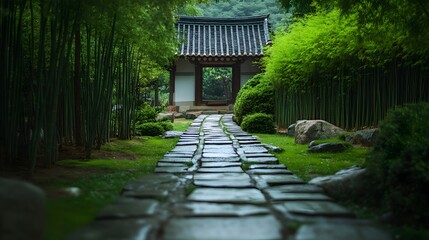 Obraz premium Serene Journey: Traditional Stone Path Leading Through Lush Bamboo Forest to a Korean Temple Gate