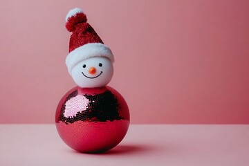 Cute snowman made of Christmas ornament and ball. Festive season decoration and Winter holidays concept for greeting card.