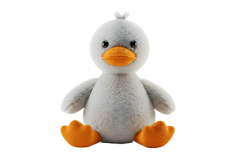 A plush grey duck toy sits with orange feet and beak on a light neutral background