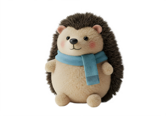A plush hedgehog with a blue scarf sits on a plain white background