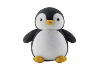Fototapeta premium A plush penguin toy stands centered against a plain background with soft white black fur and yellow feet