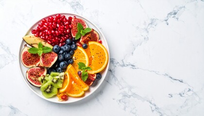 A plate of healthy fruit featuring sliced pomegranate, figs, blueberries, and orange wedges, elegantly arranged on a flat white ceramic plate