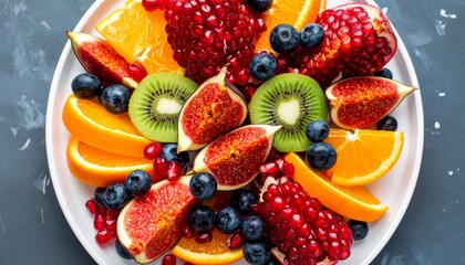 A plate of healthy fruit featuring sliced pomegranate, figs, blueberries, and orange wedges, elegantly arranged on a flat white ceramic plate
