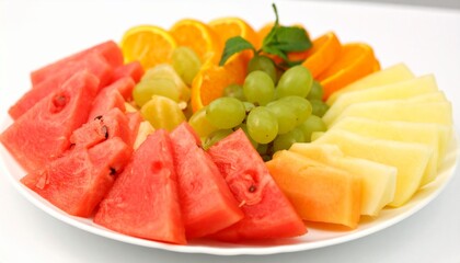Assorted sliced fruits like watermelon, cantaloupe, grapes, and citrus segments  arranged on a round white ceramic plate