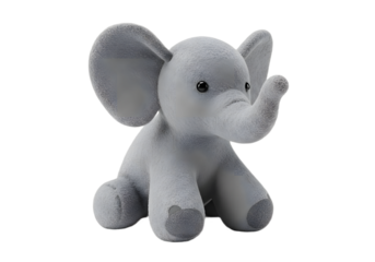 Gray plush elephant toy sitting upright with visible black eyes trunk and large ears on a white surface