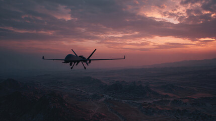 Naklejka premium Military surveillance drone flying over rugged mountains at dramatic sunset sky