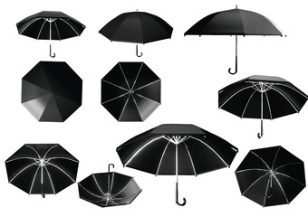 A black color umbrella from different 10 angles as isolated vector objects created by 3D modeling.