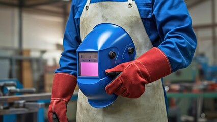 Industrial worker in protective overalls, apron, and red gloves holding a blue welding helmet in a workshop.