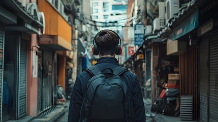Obraz premium Urban Exploration: Young Man with Headphones and Backpack Navigates a Bustling Seoul Alleyway