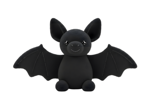 Plush black bat with wings outstretched sits on white