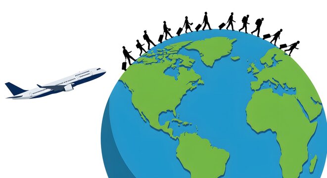 International Migrants Day Conceptual illustration of global tourism and human migration with travelers walking around planet Earth with an airplane. - Powered by Adobe