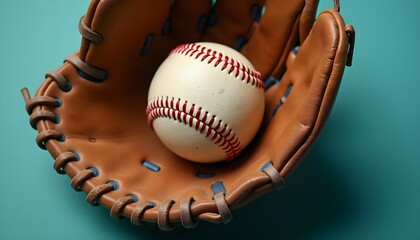 A close-up of a baseball in a brown baseball glove on a teal background
