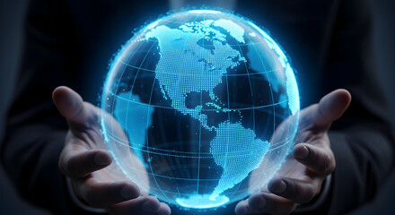 Hands Holding Glowing Digital Earth Globe Representing Global Business and Technology