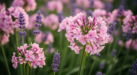 Obraz premium A gentle close-up of vibrant pink phlox and purple lavender flowers blossoming in a lush summer garden.