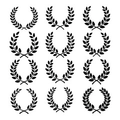 Obraz premium Vector art of a collection of twelve black laurel wreath icons arranged in four rows and three columns, symbolizing victory and achievement